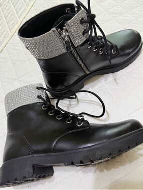 Michael Kors Women's Black Ankle Combat Boots with Silver Crystal Cuff